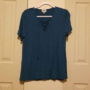Dark Dusty Blue Lace up front V neck